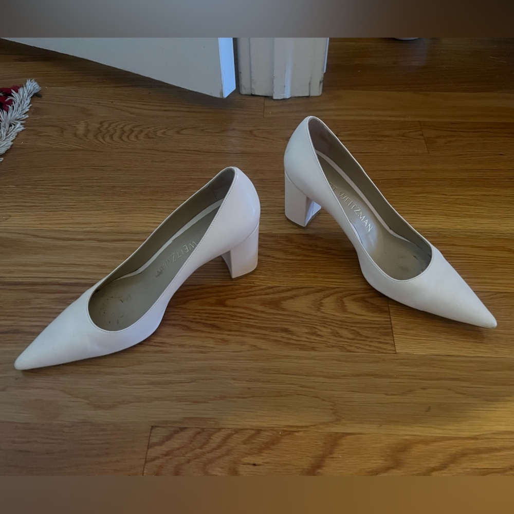 Stuart Weitzman Ivory Leather Point Toe Block Heel Pumps